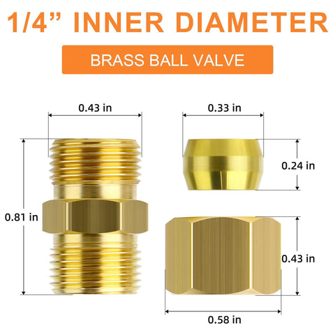 Brass compression tube fittings, 1/4 in. tube OD x 1/4 in. tube OD, 10-pack; front and side views.