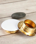 Slick Copper Fire Sprinkler Covers Decorative Escutcheon Caps with gold finish, two-piece head protector for sprinkler heads.