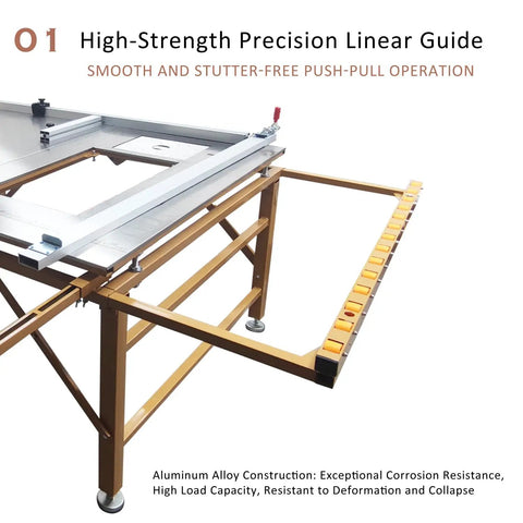 High Strength Precision Linear Guide on Heavy Duty 220 Volt Table Saw With Rugged Stand For Woodworking Crews, showcasing smooth operation.