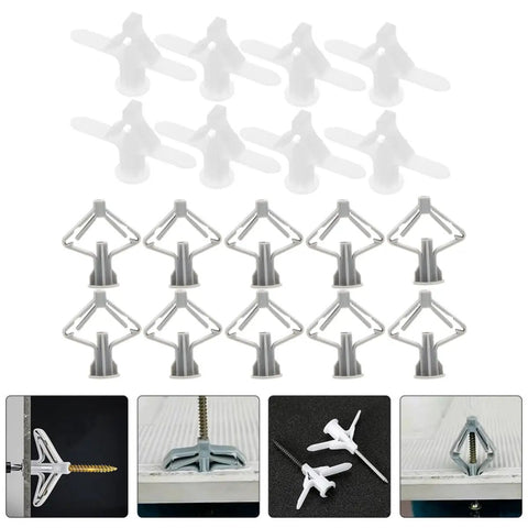 Heavy Duty Self Drilling Drywall Anchors Kit With Butterfly Expansion Bolts 400 Piece Assortment For Wood And Gypsum Board Nylon Construction For DIY Friendly Easy Install And Strong Hold On Home Improvement And Electronics Projects, showing gray and white anchors and bolts.