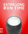 Close-up of a black LED flashlight head on red background, highlighting 30-hour runtime, 8 Pack LED Flashlights With Batteries Included.