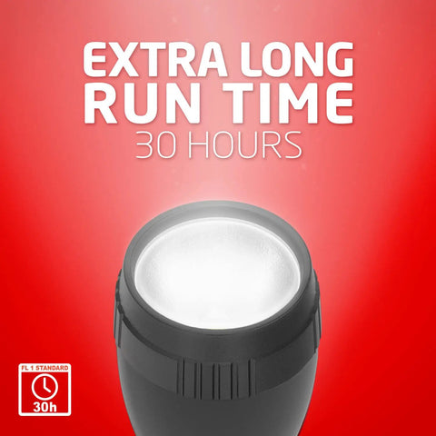 Close-up of a black LED flashlight head on red background, highlighting 30-hour runtime, 8 Pack LED Flashlights With Batteries Included.