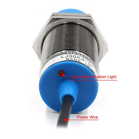 Inductive Proximity Sensor Switch LJ30A3 15 Z AX 10-30VDC NPN Normally Closed with 15mm sensing, power wire and indication light.