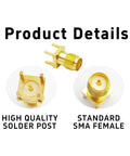 10 Piece SMA Female PCB Mount Connector Set, 50 Ohm RF Brass Edge Solder Mount for PCB Boards, top and side view