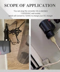 Plug And Play Ac To Dc Car Cigarette Lighter Adapter Converter in use, connecting DC device to 110V wall outlet for charging.