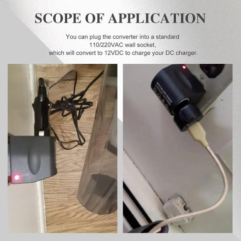 Plug And Play Ac To Dc Car Cigarette Lighter Adapter Converter in use, connecting DC device to 110V wall outlet for charging.