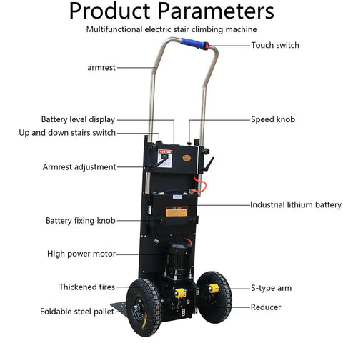JiiPoreGJ Heavy Duty Electric Stair Climbing Hand Truck Dolly With Telescoping Handle, 1200W Motor And Massive 400kg Carrying Capacity. Features such as battery display, speed knob, and armrest adjustment.