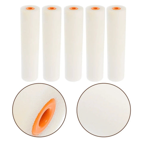 Heavy Duty High Density Polyurethane Sponge Paint Roller Set For Wall Painting And Housekeeping Or Auto Detailing showing five white rollers.
