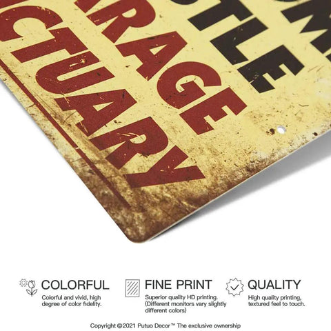Close-up of Retro Vintage Metal Tin Wall Sign For Garage And Man Cave Rustproof Aluminum Decor featuring bold lettering.
