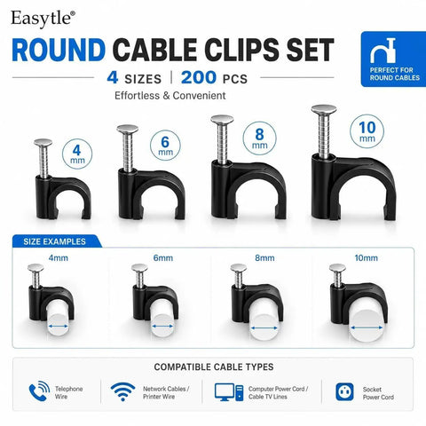 Heavy Duty Nail In Cable Clips Set 200 Pcs 4/6/8/10mm Wall Mount Wire Clips For Coaxial And Ethernet Cables RG6 RG59 CAT6 RJ45 Speaker Wire Clips Cable Tacks For Cords Black, black nail-in round cable clips in 4 sizes