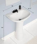 Compact Vitreous China Pedestal Sink With Overflow, Space Saving 16 Inch Wide, 33 Inch High, 14.5 Inch Projection, Glossy White Finish