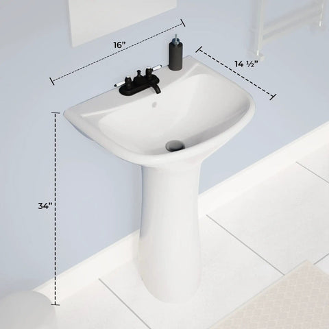 Compact Vitreous China Pedestal Sink With Overflow, Space Saving 16 Inch Wide, 33 Inch High, 14.5 Inch Projection, Glossy White Finish