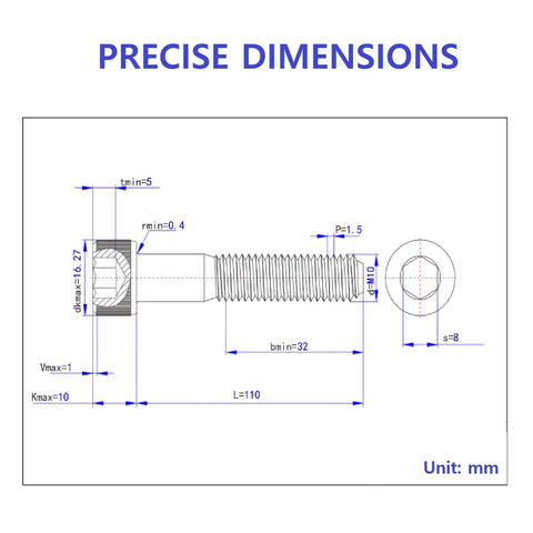 Dead Nuts Reliable M10 X 110mm Hex Socket Head Cap Screws Bolt Kit With 10 Pack A2-70 stainless steel dimensions illustration.
