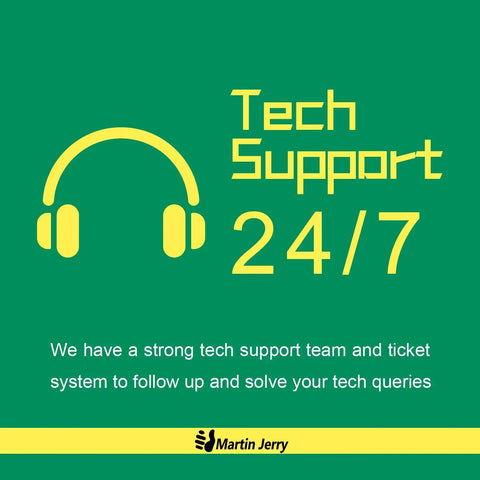 Tech Support 24/7 banner with headphones icon and text about a strong tech support team from Martin Jerry.
