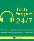 Illustration of 24/7 tech support with headphones icon and Martin Jerry logo on green background