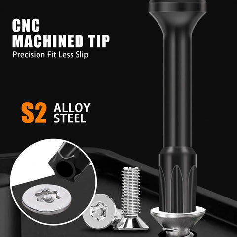 Heavy Duty Six Inch Security Torx Bit Set Twelve Piece S2 Steel Magnetic Star Bits showing CNC machined tip and screws.