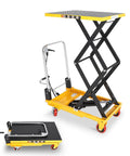 KAFLLA hydraulic lift table cart with handle, yellow base, black scissor frame, anti-slip platform with wheels.