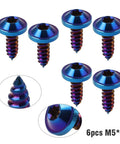 Six Pcs M5 By 15mm Titanium Alloy Self Tapping Bolts Torx Head With Burn Blue Finish For BMW Harley Honda Ducati Universal Motorcycle Applications And Truss Fasteners, showcasing screws and detailed views.