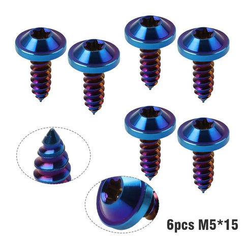 Six Pcs M5 By 15mm Titanium Alloy Self Tapping Bolts Torx Head With Burn Blue Finish For BMW Harley Honda Ducati Universal Motorcycle Applications And Truss Fasteners, showcasing screws and detailed views.
