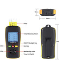 Front and back view of K Type Thermocouple Data Logger With USB For Four Channel Temperature Monitoring Pro Grade Digital Thermometer With Probe Auto Report Generator And Built In Loud Alarm A Real Workhorse For Lab Or Field Use, showing buttons and probes