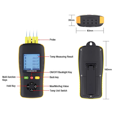Front and back view of K Type Thermocouple Data Logger With USB For Four Channel Temperature Monitoring Pro Grade Digital Thermometer With Probe Auto Report Generator And Built In Loud Alarm A Real Workhorse For Lab Or Field Use, showing buttons and probes