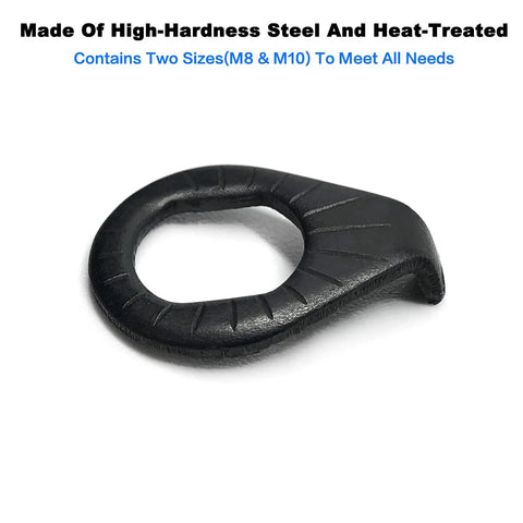 Four Piece Bicycle Hub Safety Washer Set M8 And M10 For Front And Rear Wheels Retaining Clip Hook MTB Mountain Road Bike Accessory Black Steel Heat Treated, focusing on black M8 washer detail.