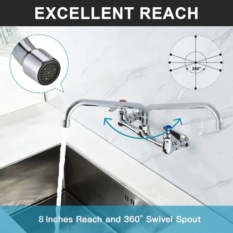 8 Inch Center Wall Mount Commercial Kitchen Faucet With Dual Handles, Adjustable Center Spacing For Restaurant Sinks, Polished Finish