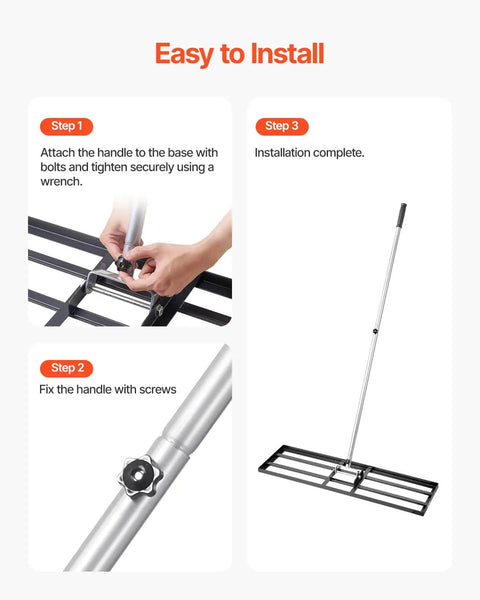 Assembly steps for Lawn Leveling Rake With 83.9 Inch Handle And 36x10 Inch Ground Plate shown in three stages.