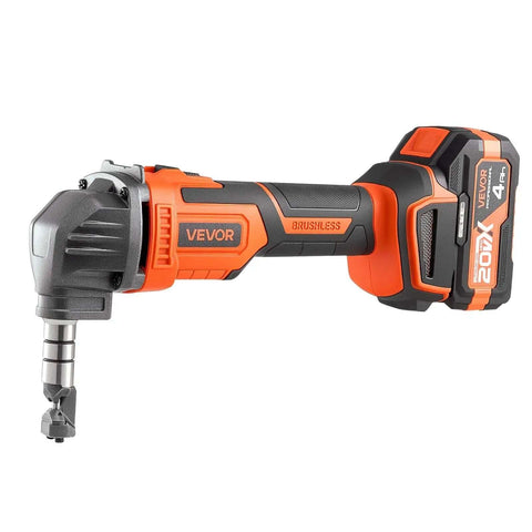 Cordless Metal Nibbler With 20V 4000mAh Battery 2200 RPM Brushless Motor, shown with steel cutting head and orange body