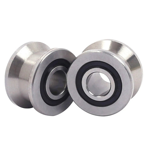 Close-up of Five Pack Deep T Groove Bearing With Flat Bottom In Stainless Steel Workhorse Pulley Wheel Bearings for track applications