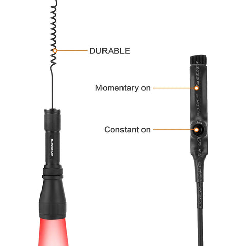 Close-up of All In One Predator Hunting Light Kit With Four LED Modes Green Red Amber White shown with wiring and switch labels.