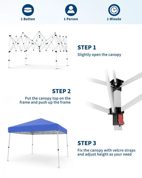 Steps to set up 10x10 Pop Up Canopy Tent with Slant Leg Design, including frame assembly and attaching waterproof top.