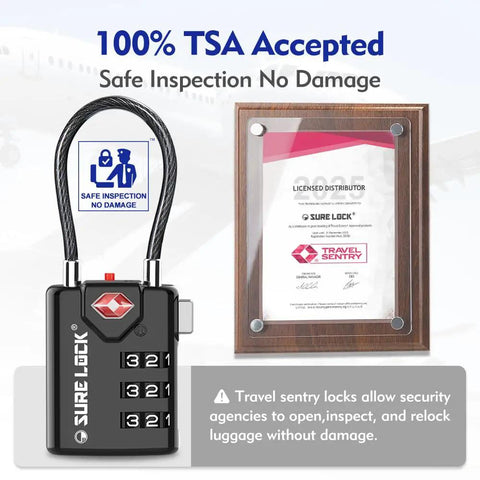TSA Approved Beefy Luggage Locks With Open Alert Indicator, 3 Digit Combination Cable Travel Lock, certificate shown