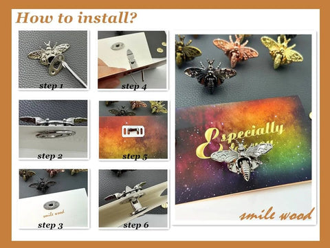 Five sets of honeybee-shaped metal purse turn-lock clasps with keychains; dark-tone handbag hardware collage showing install steps.
