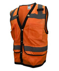 Big Rig Ready High Visibility Safety Orange Vest Featuring Bold Reflective Tape For Tough Construction Crews And Warehouse Workers Seeking Top Shelf Protection On The Daily, showing front view with pockets.
