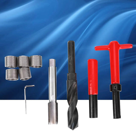 M18x1.5 Thread Repair Kit 10Pcs Stainless Steel For Cars And Aluminum Twisted Drill Wrench Threaded Inserts Pro Grade Fix For Damaged Holes Easy Economical Repair with tools displayed on blue background.
