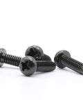 Straight Up Replacement Screws M4 X 14 Millimeter For Television Stand Mounting Hardware Compatible With Samsung TV Legs Dead Simple Install No Sweat Setup Fixed, black star screw close-up.