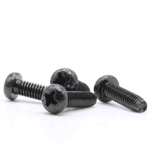Straight Up Replacement Screws M4 X 14 Millimeter For Television Stand Mounting Hardware Compatible With Samsung TV Legs Dead Simple Install No Sweat Setup Fixed, black star screw close-up.