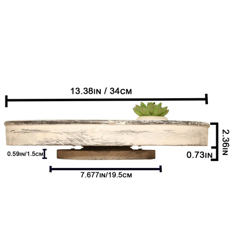 14 Inch White Distressed Round Lazy Susan Real Deal Farmhouse Turntable Smooth Spinning Wooden Serving Tray Kitchen Dining Table Centerpiece Rotating Stand With Totally Cool Rustic Vibes with plant decoration.