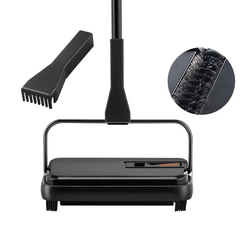 No Strings Attached Manual Carpet Sweeper For Hardwood Floors Tile And Area Rugs, lightweight, with a cleaning comb attachment.
