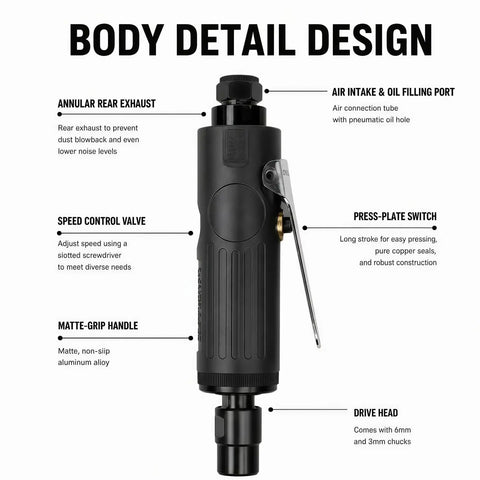 Badass Pneumatic Air Die Grinder Spins At 25000 Rpm with rear exhaust, speed control, and matte-grip handle.