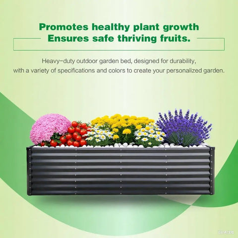 Front view of Raised Garden Bed Kit 6x3x1 Ft Metal Planter Boxes Outdoor With No Fuss Easy Assembly For Vegetables Fruits Flowers And Herbs Large Rectangle Garden Bed In Dark Gray Durable Galvanized Steel Construction, filled with flowers and fruits.