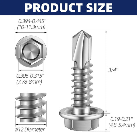 Size Twelve Hex Washer Head Self Drilling Screws With Piercing Tips For Quick Sheet Metal And Lumber Jobs Stainless Steel 410 size dimensions guide