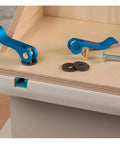 Pro Grade Cam Lever Woodworking Clamp With Quick Release For No Fuss Adjustments, shown with washer and dowel on table