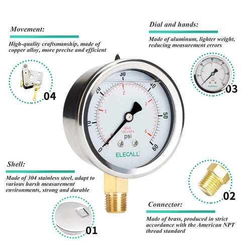 Front view: Elecall 60 psi silicone oil-filled pressure gauge, 2-1/2 in stainless steel case, lower 1/4 in NPT