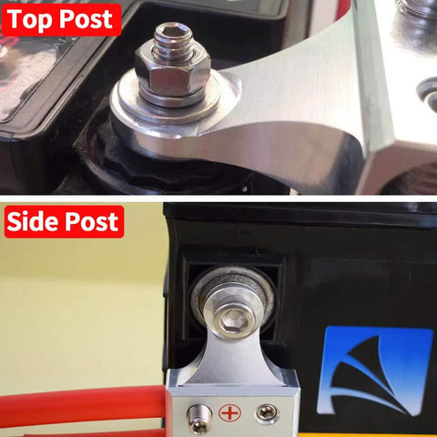 Top Shelf Heavy Duty Battery Terminal Clamps For Lithium Or Agm Lead Acid Batteries Featuring Bolt Down Ends and Threaded Studs on battery posts.