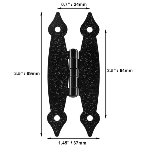 Heavy Duty 3.5 Inch Black Antique H Hinges 4 Pack Cast Iron Cabinet Hardware With Mounting Screws, shown from the front with dimensions.