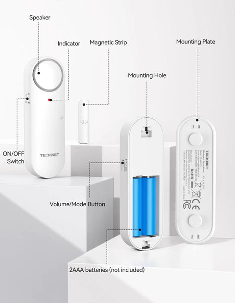 2 In 1 Door Alarm And Window Sensor Chime Set For Kid Safety And Home Security With 3 Level Volume Easy Switch Between Alarm And Doorbell Works On Doors And Windows Ideal For Garages And Apartments 3 Pack, white 2AAA battery sensor