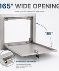 Bulletproof 10x10 Stainless Steel Access Panel For Drywall And Ceiling With Hinged Door showing 165° wide opening and removable hinges.