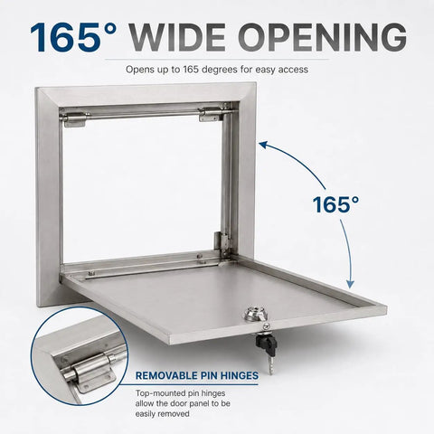Bulletproof 10x10 Stainless Steel Access Panel For Drywall And Ceiling With Hinged Door showing 165° wide opening and removable hinges.